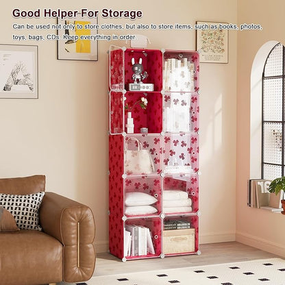C&AHOME Cube Storage Organizer with Doors, 10-Cube Shelves, DIY Plastic Modular Bookshelf, Closet Clothes Storage Shelving Ideal for Bedroom, Living Room, Clover Embossed, Red