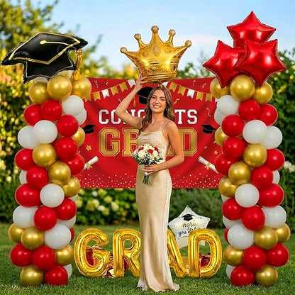 Red White Gold Balloon Garland Arch Kit with backdrop Stars Graduation Cap crown GRAD Letters Mylar Balloons for 2026 graduate Prom Decorations