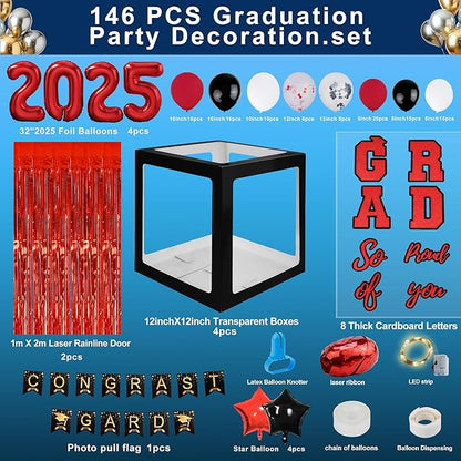 146 PCS Graduation Decorations 2025, Graduation Party Decor Class of 2025 Set of Balloons Boxes with Letters 2025 GRAD So Proud of You, Congrats Grad Party Decorations for Any Grades