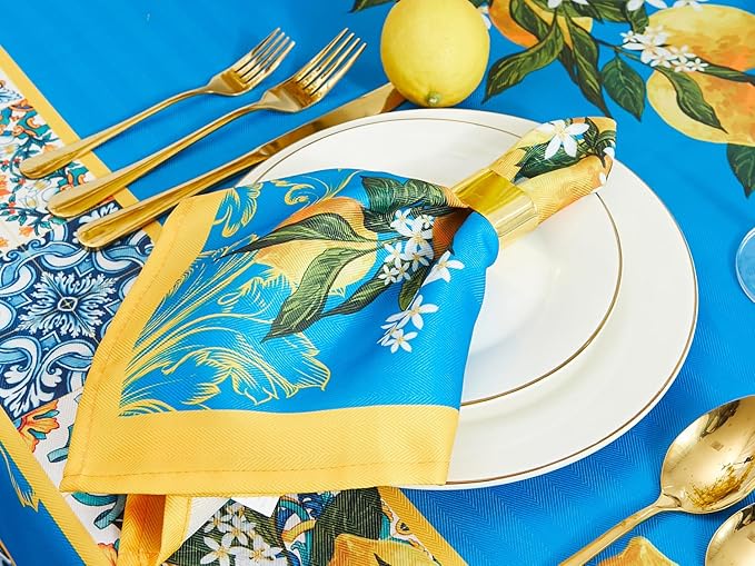 YiHomer Provence Blue Lemon Mediterranean Tile Tabletop for Spring Summer Decorations, Picnics and Dinner Parties - Indoor Outdoor, Stain and Water Resistant, Napkin Set, 20 x 20