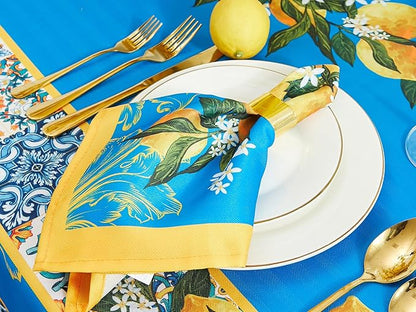 YiHomer Provence Blue Lemon Mediterranean Tile Tabletop for Spring Summer Decorations, Picnics and Dinner Parties - Indoor Outdoor, Stain and Water Resistant, Napkin Set, 20 x 20