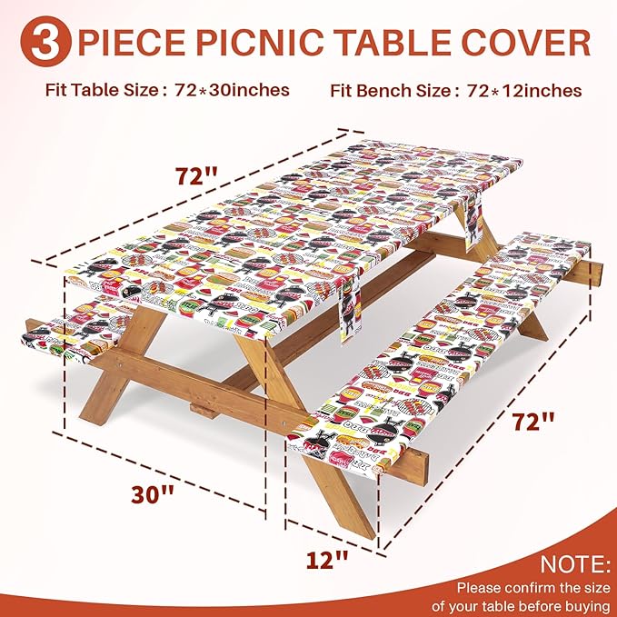 3 Piece Picnic Table Cover with Bench Covers Fitted Camping Table Cloths for 6Ft Tables Camper Travel Trailer Must Haves Motorhome Garden Tools Couple Wife Husband Boyfriend