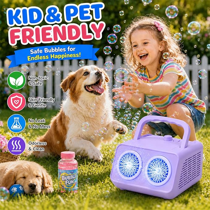SHCKE Automatic Bubble Machine Upgrade Bubble Blower with 2 Fans,20000+ Bubbles Per Minute, USB-C or Battery Powered,Sealed Bottle, Portable Bubble Maker for Birthday Party Pool Wedding Outdoor
