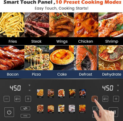 10QT Dual Basket Air Fryer, 12-in-1 Digital Air Fryer Oven with Visible Windows, 5QT x 2 Drawers, One-Touch LED Panel, Sync Finish, Dehydrate, Defrost, Roast, Bake, Reheat, Nonstick & Dishwasher Safe