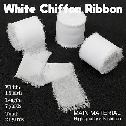 White Chiffon Ribbon - 1-1/2 Inch x 21 Yards Handmade Fringe Silk Ribbon for Wedding Invitation, Bridal Flower Bouquets, Floral Arrangement, Gift Wrapping