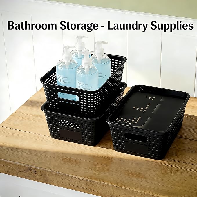 6-Pack Stackable Plastic Woven Storage Baskets with Lids, Hollow Out Weave Bins with Handles + 2 Kraft Labels (BlackBasket-BlackLid)