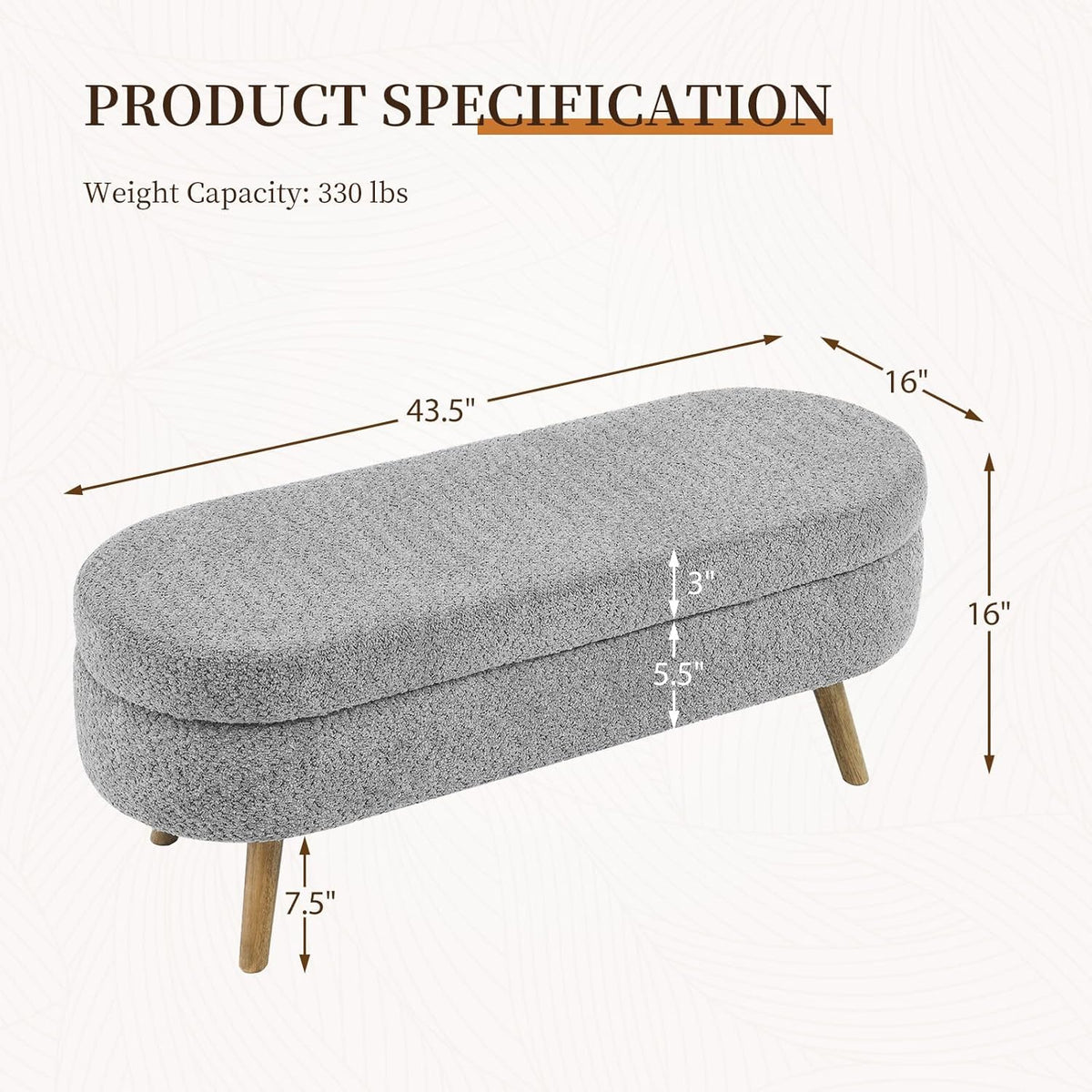 Furnimart 43.5" Queen Size Storage Ottoman Bench, Flip Top End of Bed Storage Bench, Upholstered Blanket Bench for Bedroom, Entryway, Living Room, Tufted Looped Pile Yarn Fabric (Grey)