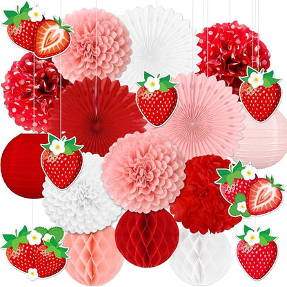 26pcs Strawberry Birthday Party Decorations – Red Pink White Paper Fans, Tissue Pom Poms for Berry Sweet Girl 1st , Baby Shower, Shortcake Theme Supplies
