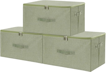 ANMINY 3PCS Storage Bins with Zipper Lids 36 Qt Lidded Fabric Storage Boxes Baskets Cubes with Handles Collapsible Washable Cotton Linen Closet Shelf Clothes Organizer Containers - Green, Large