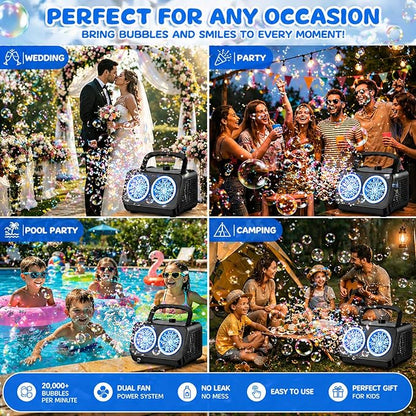 SHCKE Automatic Bubble Machine Upgrade Bubble Blower with 2 Fans,20000+ Bubbles Per Minute, USB-C or Battery Powered,Sealed Bottle, Portable Bubble Maker for Birthday Party Pool Wedding Outdoor