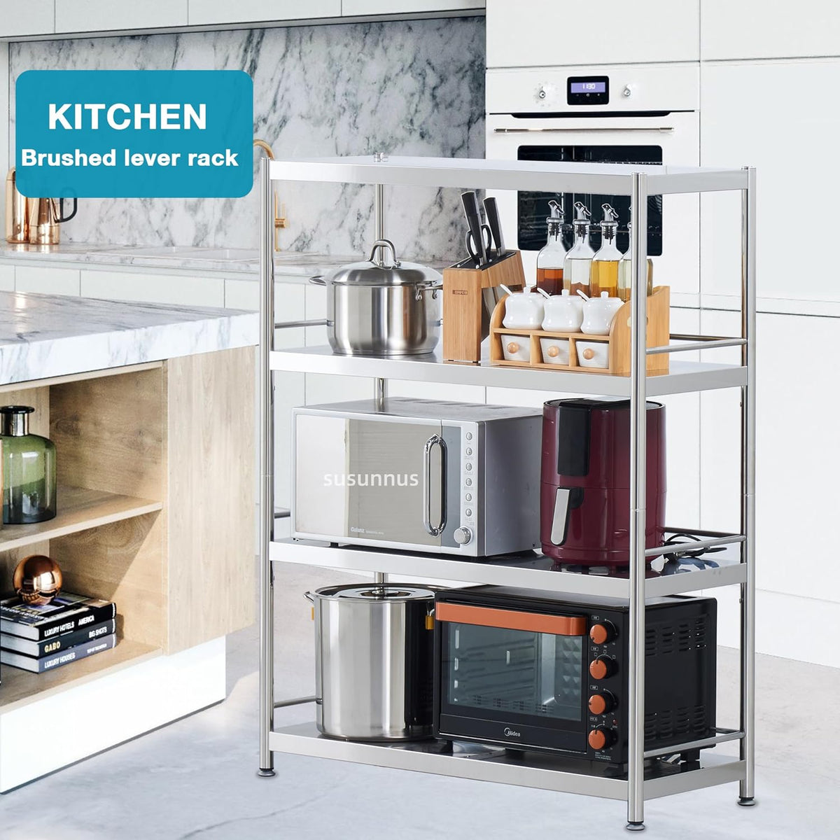 susunnus Stainless Steel Shelves 3 Tier Storage Shelves for Kitchen Garage Shelves Heavy Duty Shelving Metal Shelving Units and Storage Kitchen Industrial Storage Rack(with Guardrails)