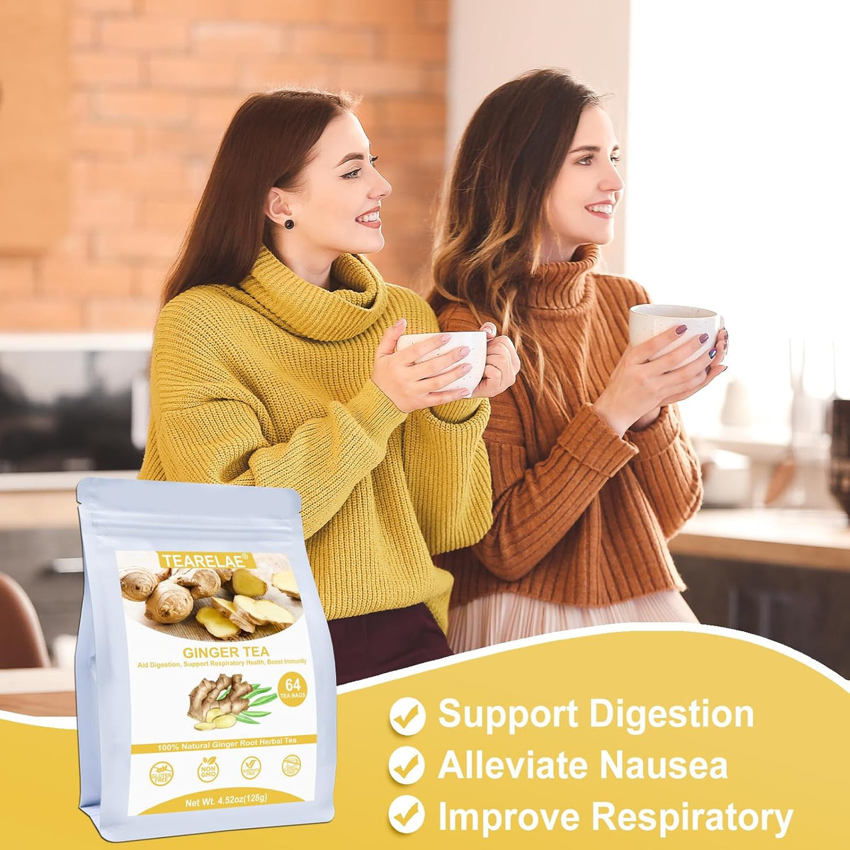 Tearelae - Ginger Tea Bags, 64 Count - 100% Pure Ginger Root Tea, Soothing & Spicy - Non-GMO - Caffeine-free - Aid Digestion & Support Respiratory