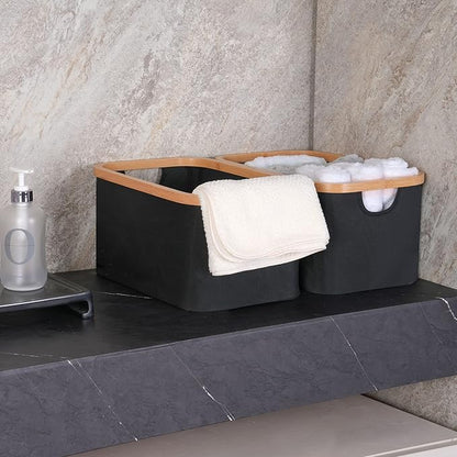 efluky Storage Baskets for Organizing, Fabric Storage Bins with Bamboo Handles, Collapsible Storage Baskets for Shelves and Closet, Black Set of 2