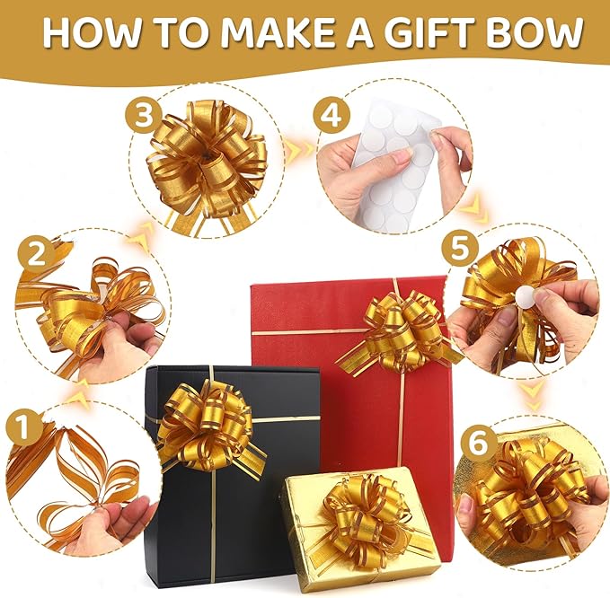 24pcs Gold Pull Bow for Gift Basket Wrapping Xmas Gift Bows Presents Adhesive Wrap Ribbon Bow for Christmas Tree Ornament Wine Bottles Bouquet Flower Valentine's Day Party Decor (Gold-G)