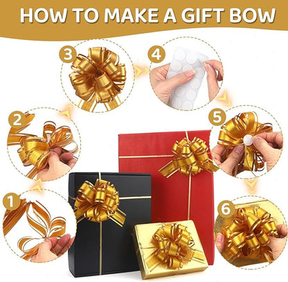 24pcs Gold Pull Bow for Gift Basket Wrapping Xmas Gift Bows Presents Adhesive Wrap Ribbon Bow for Christmas Tree Ornament Wine Bottles Bouquet Flower Valentine's Day Party Decor (Gold-G)