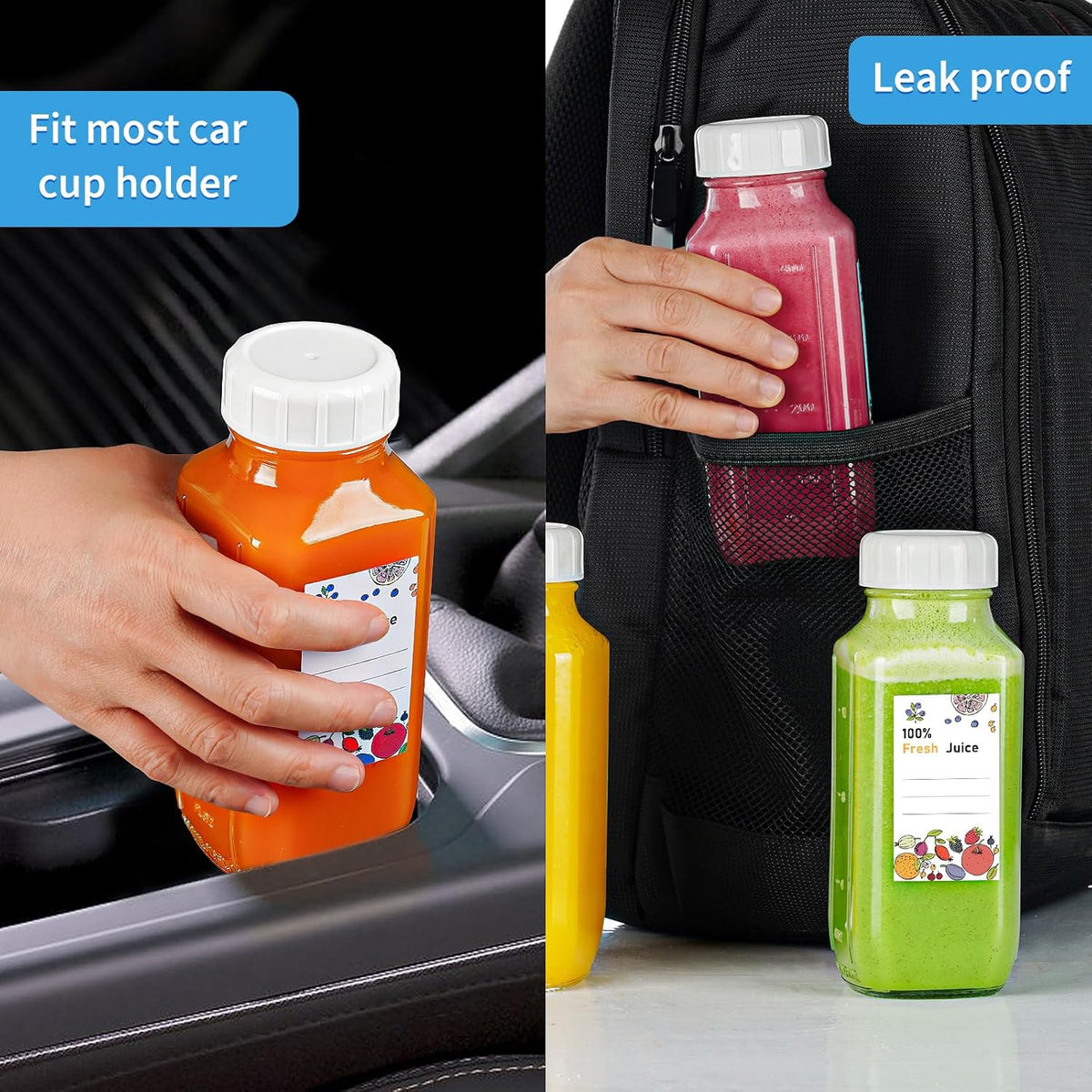 6 Pack 16 Oz Glass Juice Bottles with Pour Spout, 100% Airtight Heavy Duty Screw Lid- Reusable Glass Milk Bottles w Capacity Mark