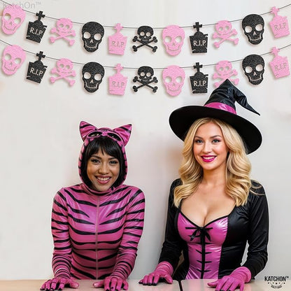 KatchOn Pink Black Felt Skull Garland - 13 Feet, No DIY | Felt Halloween Garland, Skull Party Decorations | Pink Halloween Decor