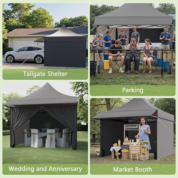 10x10 Pop Up Canopy Tent with Awning and Sidewalls, 550D Commercial Canopy, Waterproof Party Tent with Roller Bag, Grey