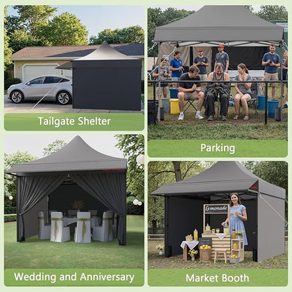 10x10 Pop Up Canopy Tent with Awning and Sidewalls, 550D Commercial Canopy, Waterproof Party Tent with Roller Bag, Grey