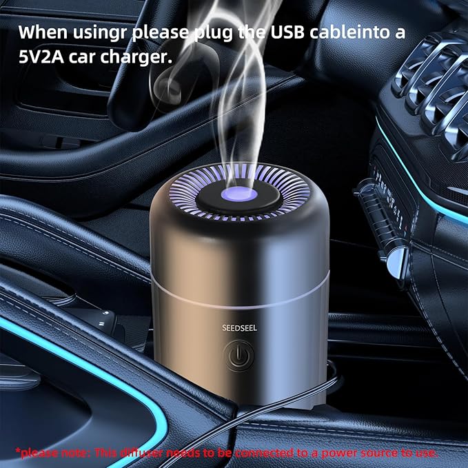 SEEDSEEL Car Aromatherapy Diffusers for Essential Oils，Mini USB Air Scent Small Humidifier with 7-LED Color Changing for Car Room Home Office Bedroom