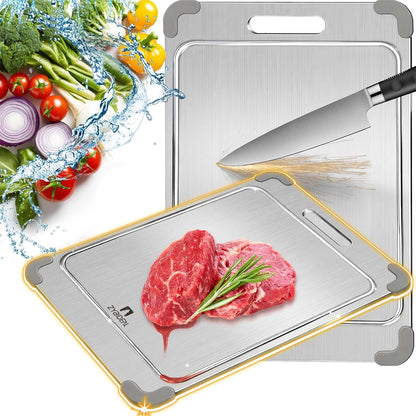 100% Pure Titanium Cutting Board with Grooves, Update Double Side Titanium Chopping Board, Silicone Anti-slip Stainless Cutting Boards for Kitchen 12 * 18 IN, Grey