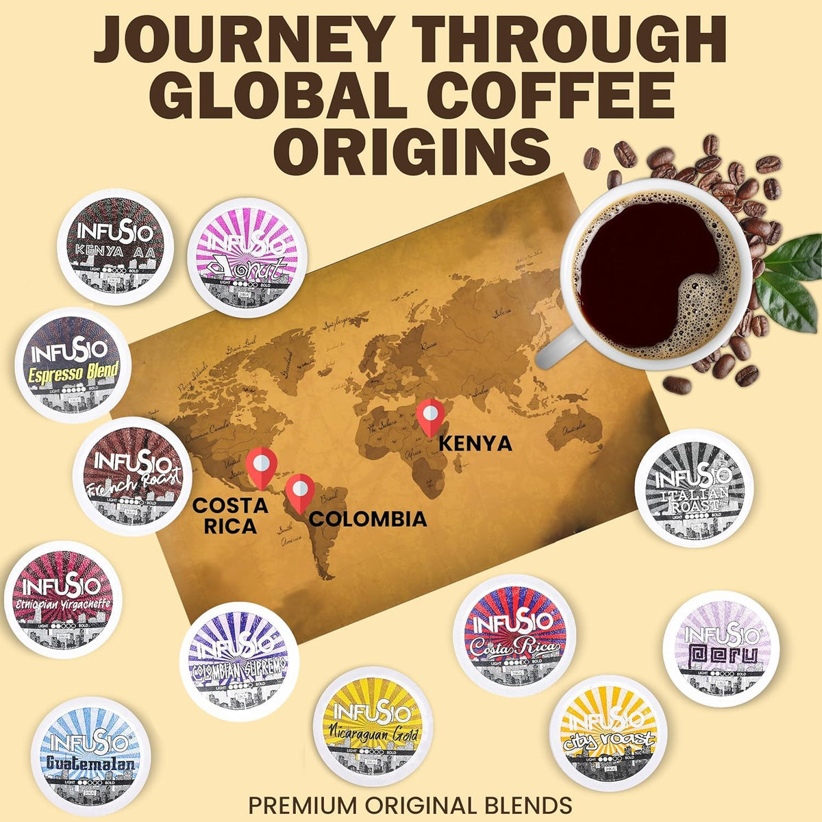 InfuSio Coffee Pods 96 Count Ethiopian Yirgacheffe Gold Medium Light Roast Single serve Coffee pods for Keurig K Cup® Brewers