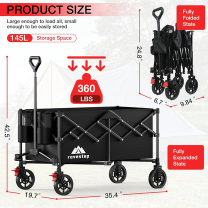 Collapsible Wagon Cart Heavy Duty Utility Carts with All Terrain Wheels for Garden, Grocery, Camping, Sports, Shopping, and Outdoor Use - 360lbs Capacity, Foldable, Portable, 145L Large Wagon