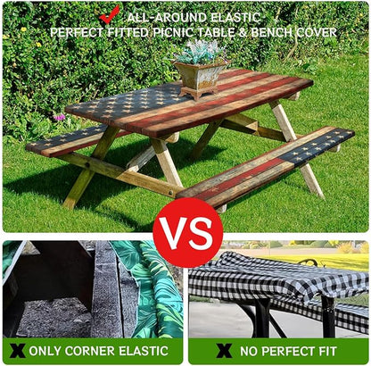 American Flag Picnic Table Cover with Bench Covers and Carrying Bag, Wooden Planks Texture Rectangle Table Cover, Outdoor Patio Camping Essentials 6FT 4PCS, Camping Fitted Tablecloth