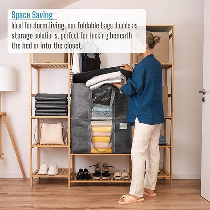 VENO 4 Pack Moving Bags with Clear Window, Heavy Duty Storage Bins with Lid, Around Handles, Tag, Zippers, Extra Large Totes Packing Moving Boxes Supplies for College Dorm Clothes (Dark Gray)