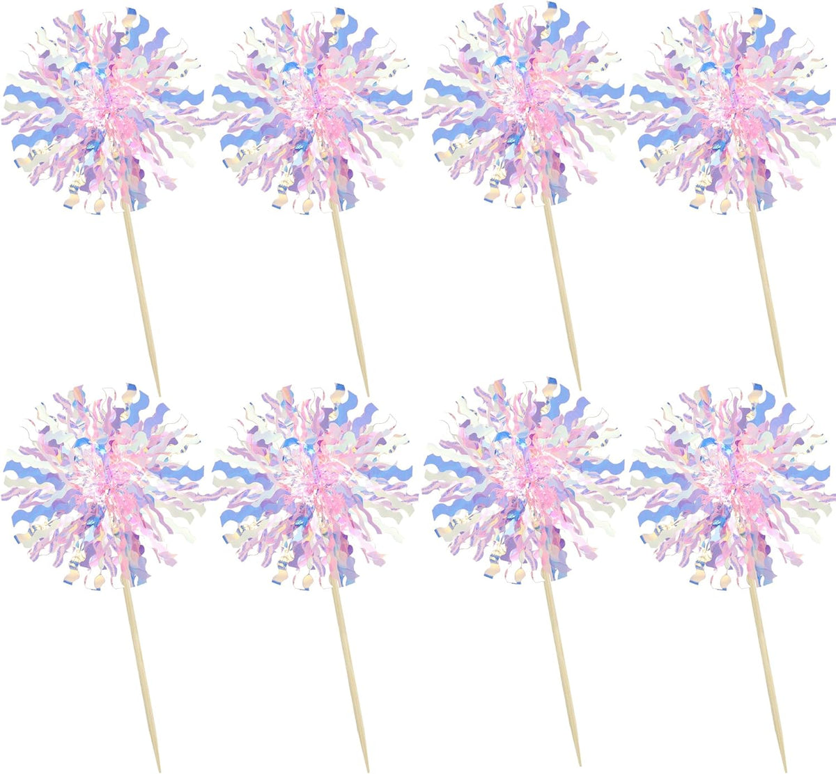 Ephlyn 30Pcs Foil Firework Cupcake Toppers Firework Cake Toppers Tinsel Flower Drink Stirrers Cocktail Food Fruit Toothpicks for Valentine's Day Party Decorations Pink