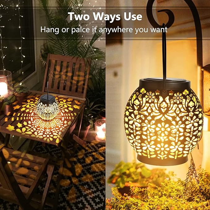 Brizled Solar Lantern Lights, 2 Pack Outdoor LED Hanging Lantern Lights with Star Projection, Warm White Solar Garden Lighting Retro Table Lanterns Light Waterproof for Garden Patio Courtyard Path