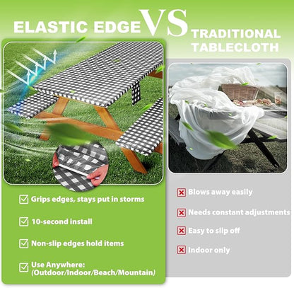 Fitted Picnic Table Cover with Bench Covers Waterproof Elastic Edges Rectangle Patio Tablecloth Outdoor Camping Essentials Stuff Rv Accessories Summer Trip Travel Supplies Party Camper Gifts, 8 ft