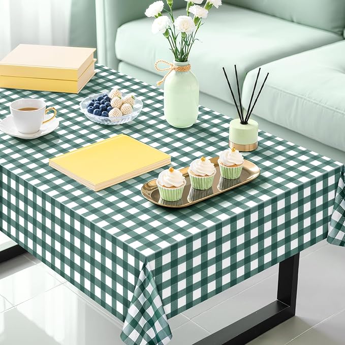 4 Pack Sage Green Striped Gingham Tablecloths, 54 x 108 Inch Disposable Plastic Rectangle Table Covers, Waterproof Checkered Sage Green Table Cloths for Picnic, Birthday, Party, Outdoor Events