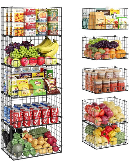 5 Pack Stackable Wire Baskets for Pantry Organizers and Storage, Large Pantry Baskets for Snack Organizer, Foldable Metal Storage Bins for Organizing Snack Can Fruit Vegetable & Toy