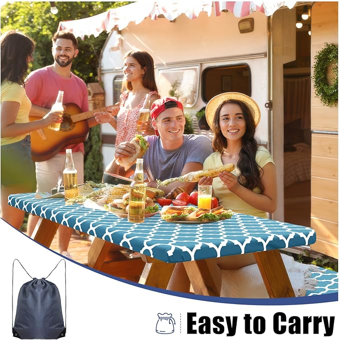 Smiry Picnic Table Cover with Bench Covers, Waterproof Elastic Fitted Tablecloth for 8 Foot Tables, Washable Polyester Tablecloths for Camping, Indoor & Outdoor (Light Blue, 30x96 Inch 3-pc Set)