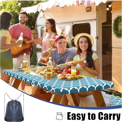 Smiry Picnic Table Cover with Bench Covers, Waterproof Elastic Fitted Tablecloth for 8 Foot Tables, Washable Polyester Tablecloths for Camping, Indoor & Outdoor (Light Blue, 30x96 Inch 3-pc Set)