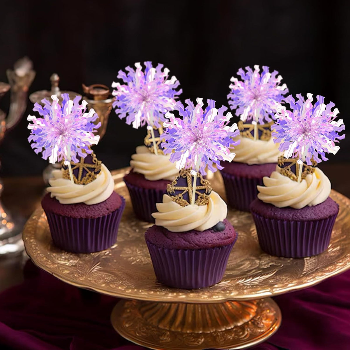 Ephlyn 30Pcs Foil Firework Cupcake Toppers Sparkle Tinsel Cupcake Picks Happy Birthday Cake Decorations Drink Stirrers Cocktail Food Fruit Toothpicks for Baby Shower Graduation Party Supplies Purple