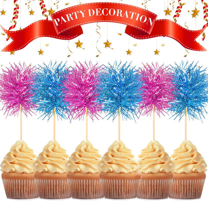 Chinco 100 Pcs Foil Firework Cupcake Toppers Sparkle Tinsel Cake Toppers Cake Decoration Cocktail Fruit Toothpick for Birthday Wedding Graduation Party(Pink, Light Blue)