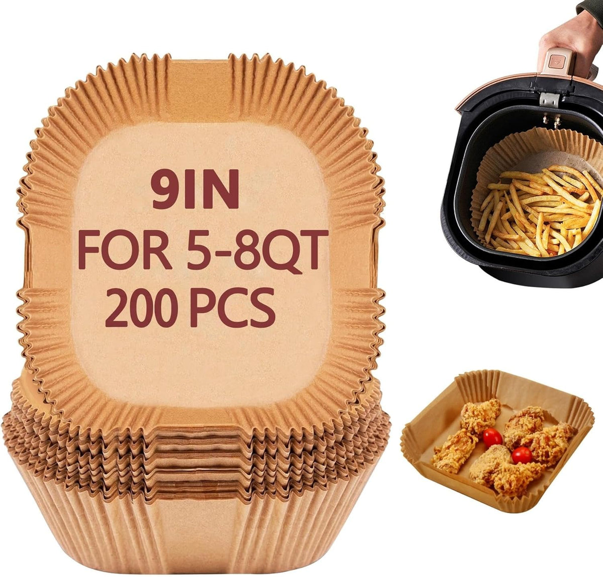 9 Inch Air Fryer Liners, 200 Pack Parchment Paper Sheets for Ninja Air Fryer, Non-Stick, Disposable, Unbleached, Heat Resistant, Fits 5-8 QT Air Fryers, Oil-Free & Healthy Cooking