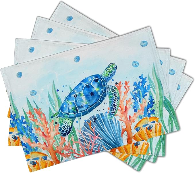 Giwawa Sea Turtle Placemats Set of 4, Watercolor Blue Tortoise Place Mat 12x18 Inch, Ocean Nautical Coral Coastal Marine Table Mats Heat Resistance for Kitchen Dining Party Picnic Decor