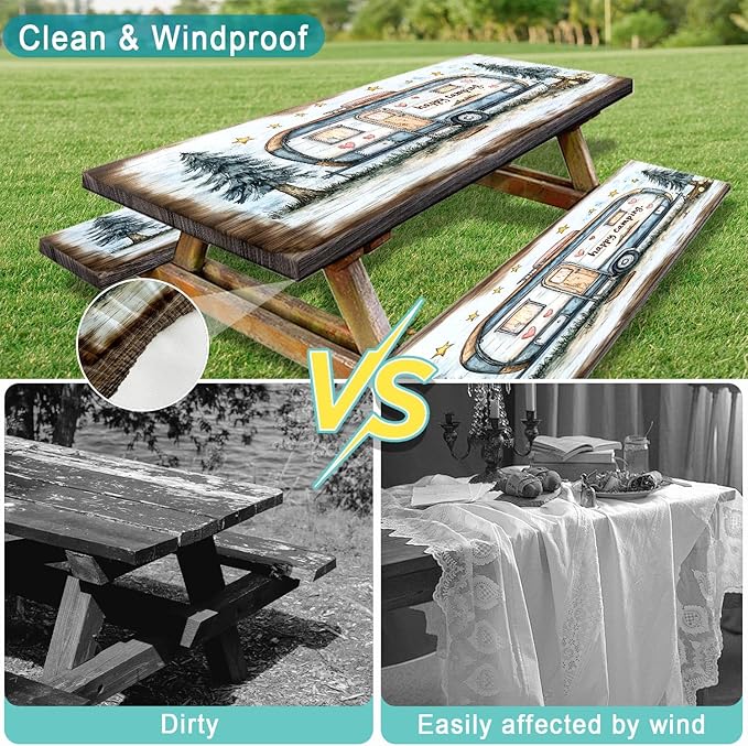 Picnic Table Cover with Bench Covers and Bag, Camping Essentials, Camper Forest Wooden Grain Outdoor Table Covers, Waterproof Windproof, Fitted Tablecloth Cover with Elastic Edge, 3 PCS, 30x72 Inch