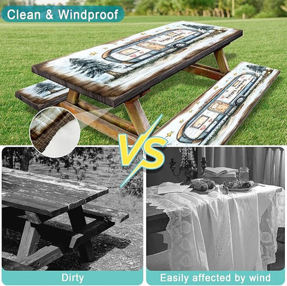 Picnic Table Cover with Bench Covers and Bag, Camping Essentials, Camper Forest Wooden Grain Outdoor Table Covers, Waterproof Windproof, Fitted Tablecloth Cover with Elastic Edge, 3 PCS, 30x72 Inch