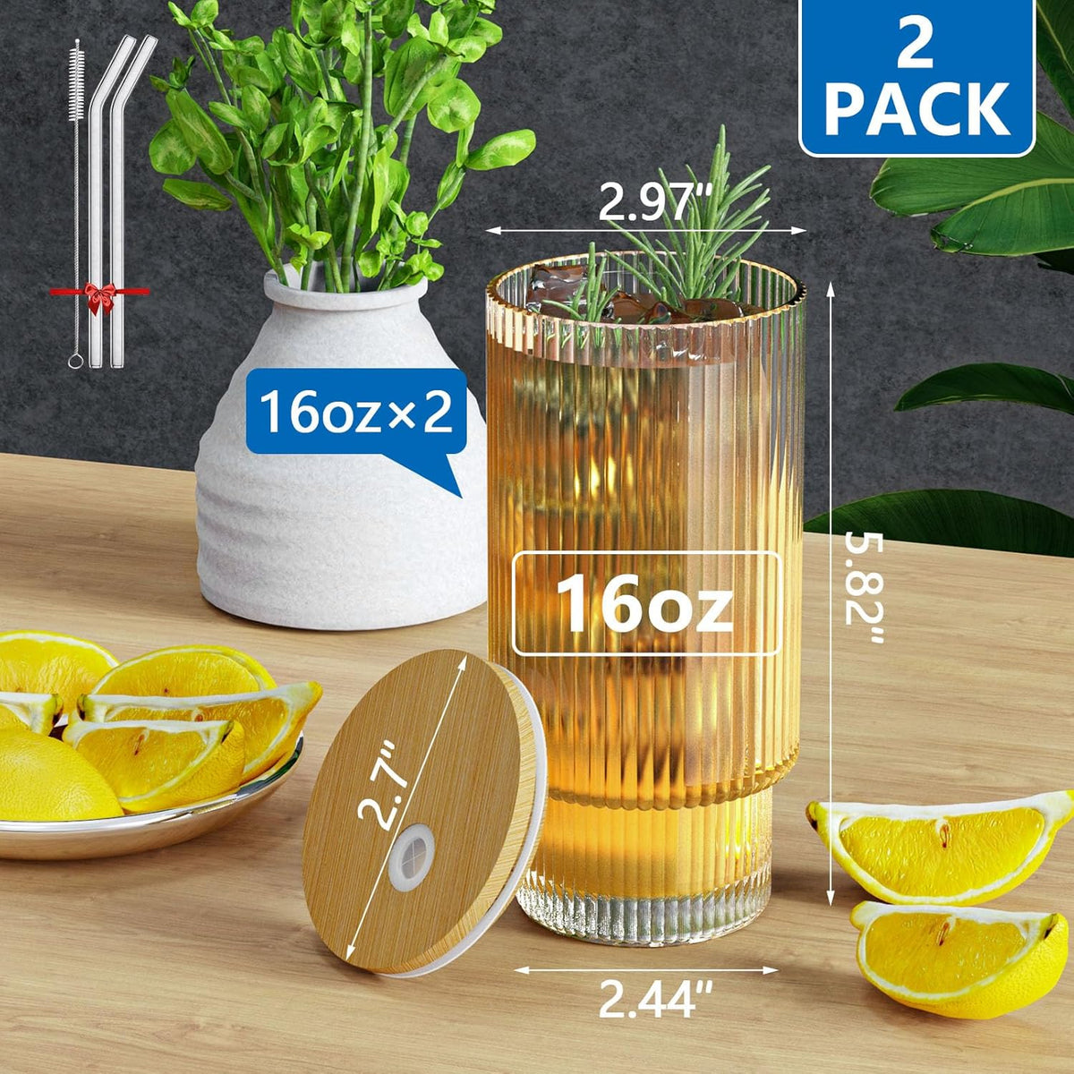 16OZ Glass Cups with Lids and Straws, Vintage Glassware for Whiskey Cocktail Beer, Iced Coffee Cups with Lid, Glass Tumbler with Straw and Lid (2 PACK)