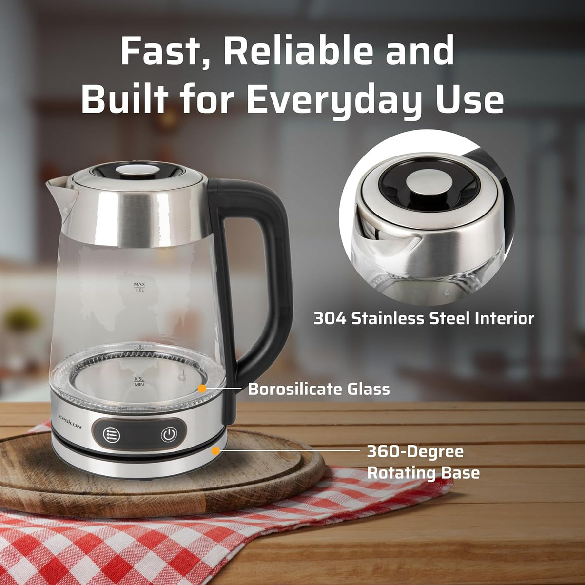 Epsilon 1.8L Glass Electric Kettle – Hot Water Tea Kettle with Borosilicate Glass & Stainless Steel, Auto Shut-Off, Fast Boil 1500W Electric Teapot
