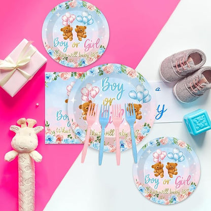 96 Pieces Bear Gender Reveal Theme Tableware Set for Gender Reveal Party Table Decor Supplies Boy or Girl Dessert Plates Napkins Forks for 24 Guests Pink Blue Bear Baby Shower Disposable Party Favors
