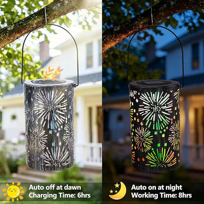 Brizled Solar Lantern Outdoor, July 4th Firework Lanterns Colorful, Waterproof LED Solar Tabletop Lamp, 2 Pack Hanging Solar Garden Lanterns, Metal Garden Pathway Lighting for Patio Path Porch Balcony