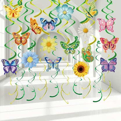 33pcs Spring Hanging Decorations for Home, Flower Butterfly Hanging Swirl Streamers for Spring Summer Easter Flower Butterfly Themed Birthday Party Classroom Decorations