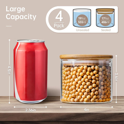17oz - 4 Pack Glass Jars with Bamboo Lids, Glass Food Storage Containers with Airtight Lids, Air Tight Pantry Storage Containers for Coffee, Sugar