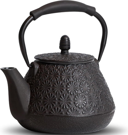 Cast Iron Teapot, 32oz Tea Kettle with Infuser for Stove Top, Sakura Blossom Pattern Japanese Tea Pot for Tea &amp; Coffee Coated with Enameled Interior, Silicone Handle 950ml black
