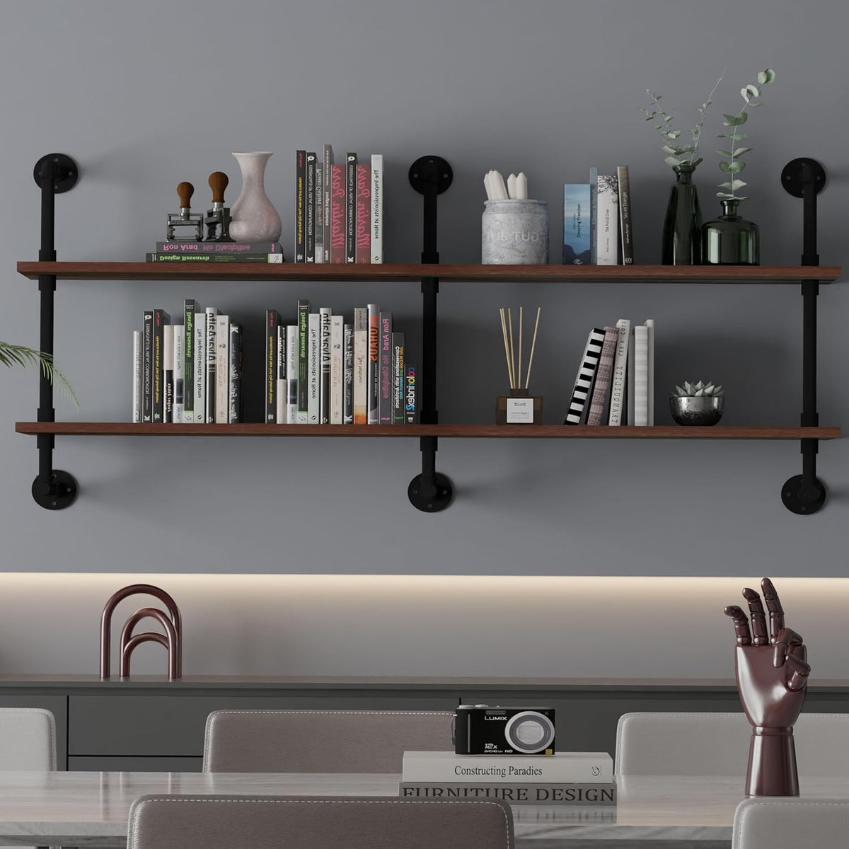 Industrial Pipe Wall Shelves Pipe Shelving with Real Wood Plank,60 Inches Floating Shelves for Wall Farmhouse Pipe Book Shelves Dark Brown 2 Tier for